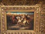 painting of a group of men riding horses in a wooded setting