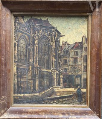 une vieille peinture représentant un bâtiment et un homme marchant dans la rue