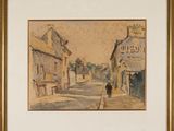 an image of a painting of a person walking down a street