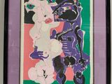 tableau représentant une femme et un homme avec une guitare devant un fond rose, vert et violet