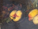 a painting of fruit on a table with a vase of flowers in the background