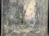 an oil painting of a river with trees in the background