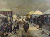 un tableau représentant des personnes marchant dans une rue enneigée