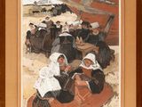 an image of a painting of a group of people sitting on a beach
