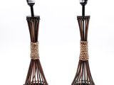 paire de lampes de table en rotin avec des abat-jours gainés de corde, milieu du XXe siècle