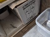 a plastic container sitting on the floor next to a toilet