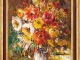 une peinture à l'huile représentant un vase de fleurs sur une table