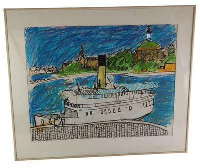 drawing of a boat in a harbor with a lighthouse in the background
