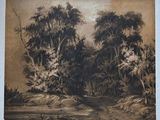 un vieux tableau représentant une rivière avec des arbres en arrière-plan