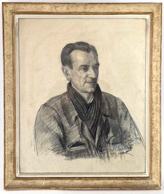 a drawing of a man in a jacket is shown in a gold frame