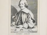 an old black and white drawing of a man sitting at a table