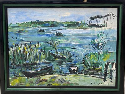 une image d'un tableau représentant un bateau sur l'eau