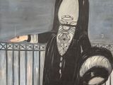 tableau représentant une femme vêtue d'une robe noire et d'un chapeau, debout sur un pont