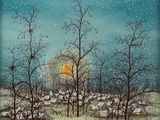 un tableau représentant un paysage enneigé avec des arbres et une pleine lune