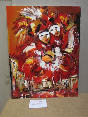 painting of a woman in a red dress with a mask on