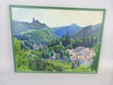 tableau représentant une vue d'un village avec un château au loin