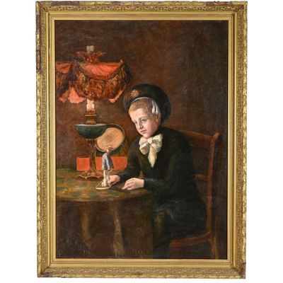 une peinture à l'huile représentant un garçon assis à une table avec une bougie