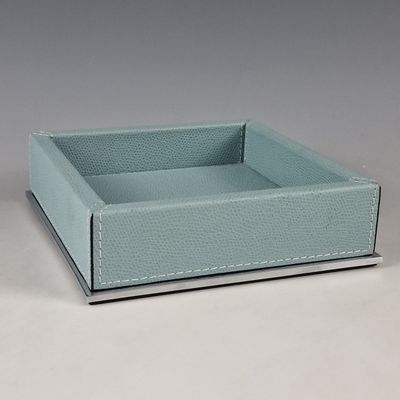 blue leather desk organizer with silver metal base