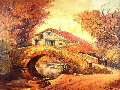 an oil painting of a bridge over a river with a house in the background