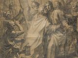 un vieux dessin représentant un groupe de personnes dans une zone boisée