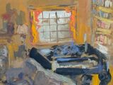 a painting of a room with a bed and a window