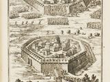 an old drawing of a castle surrounded by trees and a body of water