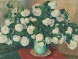 a painting of white flowers in a vase on a red table