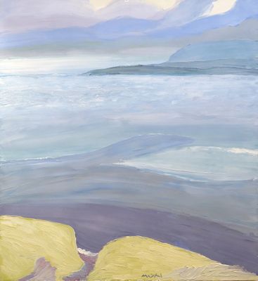 an oil painting of a dog sitting on a rock by the water