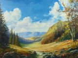 a painting of a mountain scene with a stream in the foreground