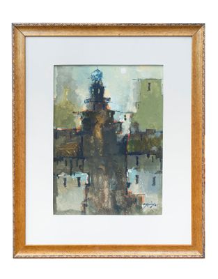 une peinture représentant un paysage urbain avec une tour horloge en arrière-plan