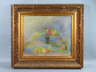 an oil painting of a bowl of fruit on a table
