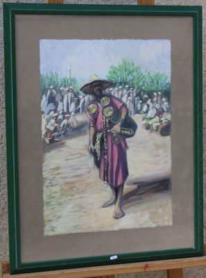tableau représentant un homme coiffé d'un chapeau et vêtu d'une robe, debout devant une foule