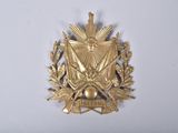 une médaille d'or ornée d'une étoile, posée sur un fond blanc