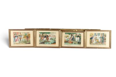 three framed pictures of a group of people on a white background