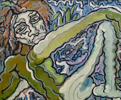 an image of a painting of a woman in a green dress