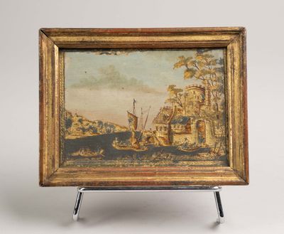 un tableau représentant un bateau sur une rivière, avec un château en arrière-plan