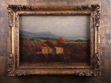 an image of a painting of a landscape with a house in the foreground