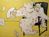 tableau représentant une femme assise sur une chaise, coiffée d'un chapeau