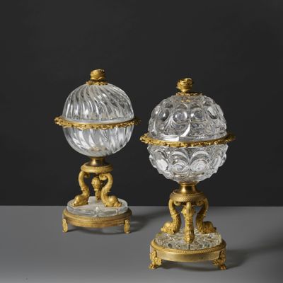 pair of antique cut glass and gold plated urns