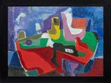peinture abstraite représentant une table sur laquelle sont posés une guitare et un vase