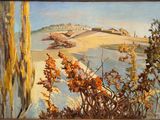 une peinture représentant une peinture d'un paysage avec des arbres et des buissons
