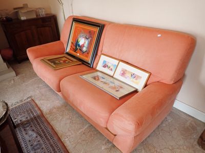 un canapé rose sur lequel sont posés deux tableaux, dans un salon