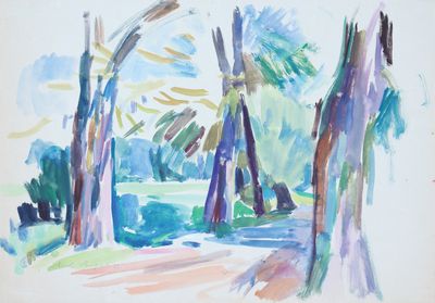 une aquarelle représentant des arbres dans un parc