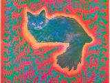 une peinture représentant un chat noir assis sur un fond vert et rouge