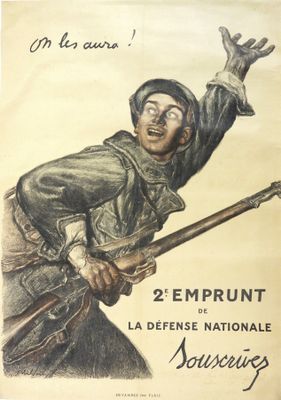 une vieille affiche représentant un soldat, un fusil à la main