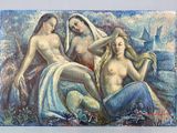 a painting of three women sitting on a rock