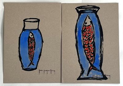 deux dessins représentant des poissons dans un vase bleu et un poisson rouge dans un vase bleu