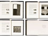four open books with pictures of people in them on a white surface