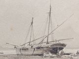 a drawing of a boat on the beach by the water