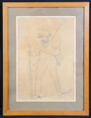 an old drawing of a man with a hat and a cane
